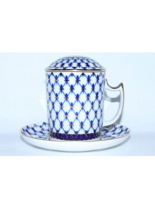 Mug with lid and saucer pic. Cobalt Net, Form Snow morning