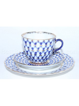 Trio set: coffee cup, saucer and dessert plate pic. Cobalt Net, Form Tulip