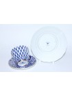 Trio set: coffee cup, saucer and dessert plate pic. Cobalt Net, Form Tulip