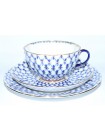 Trio set: tea cup, saucer and dessert plate pic. Cobalt Net, Form Tulip