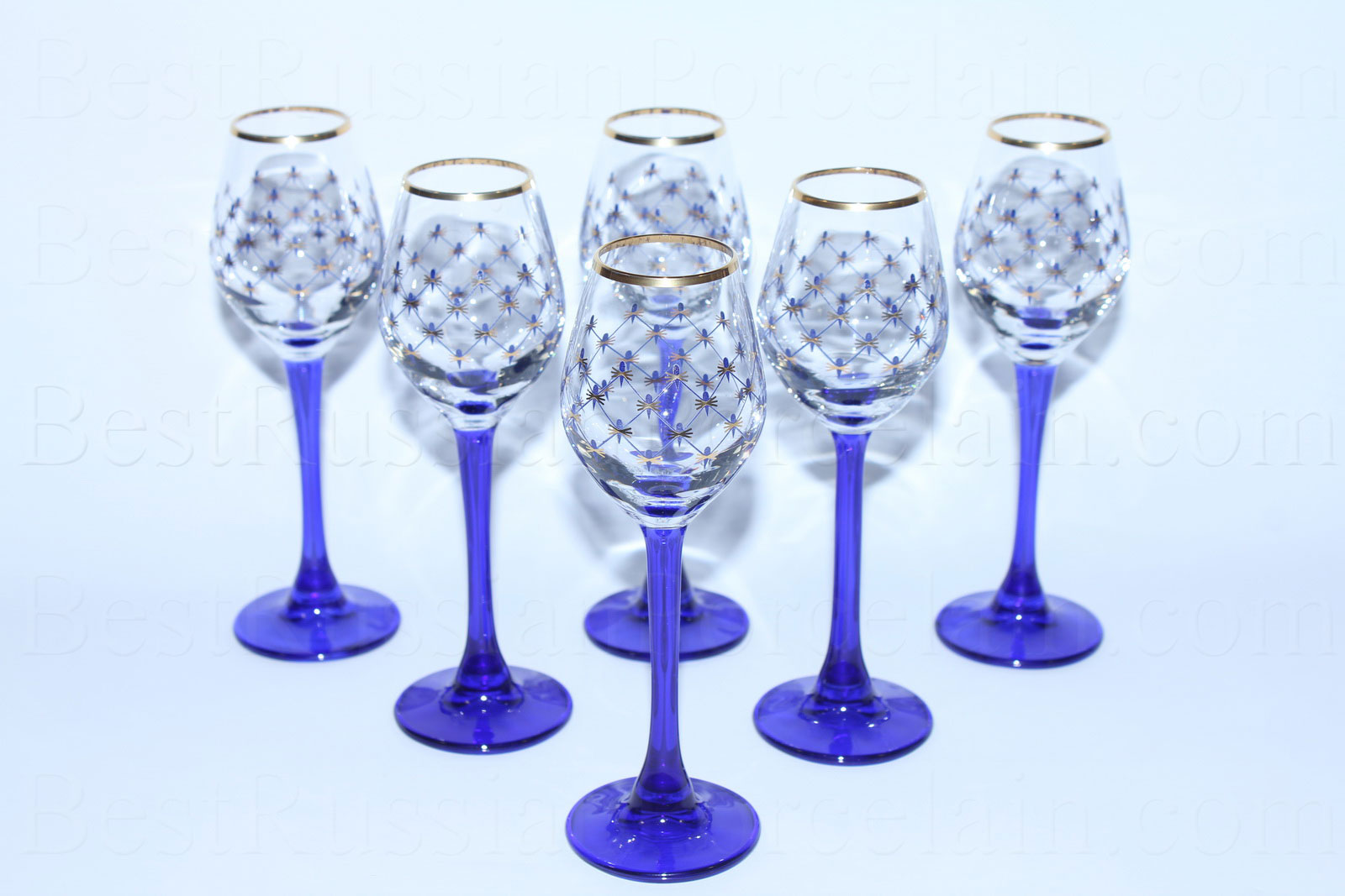 BRAZIL CRYSTAL COBALT BLUE WITH CLEAR BOWL STEMMED WINE GLASSES Set of 8