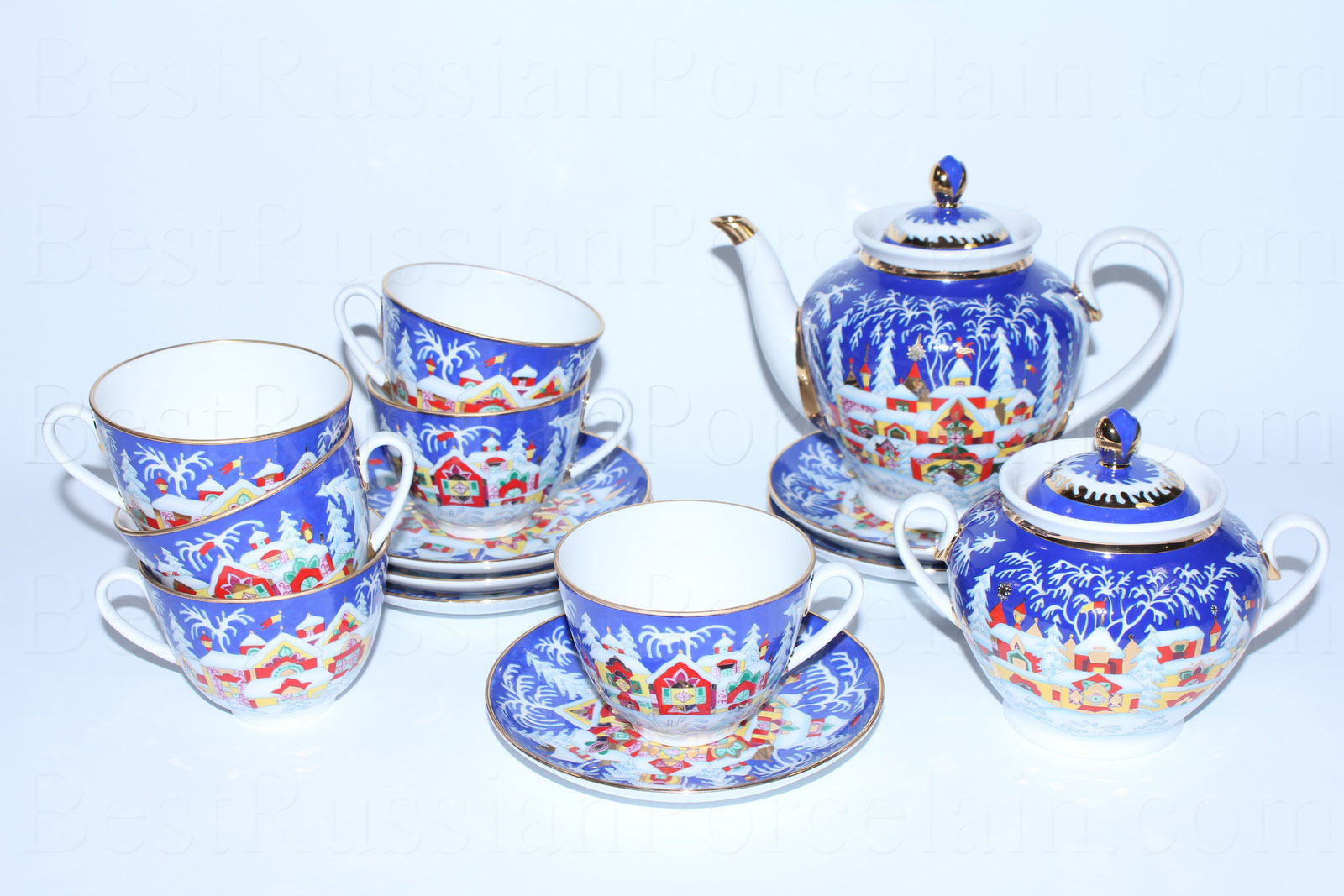 Russian Imperial Lomonosov Porcelain Tea set service Snow White 6/20 person Rare 