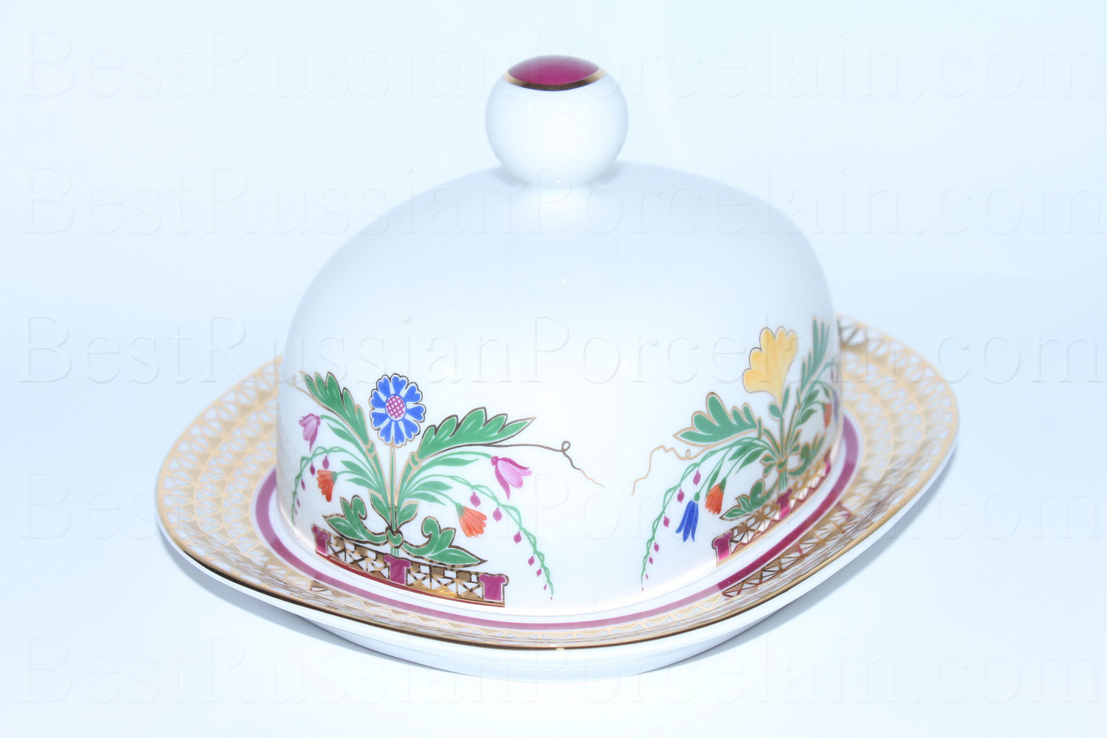 22k Gold Imperial Lomonosov Porcelain Butter Dish Zamoskvorechye Design 